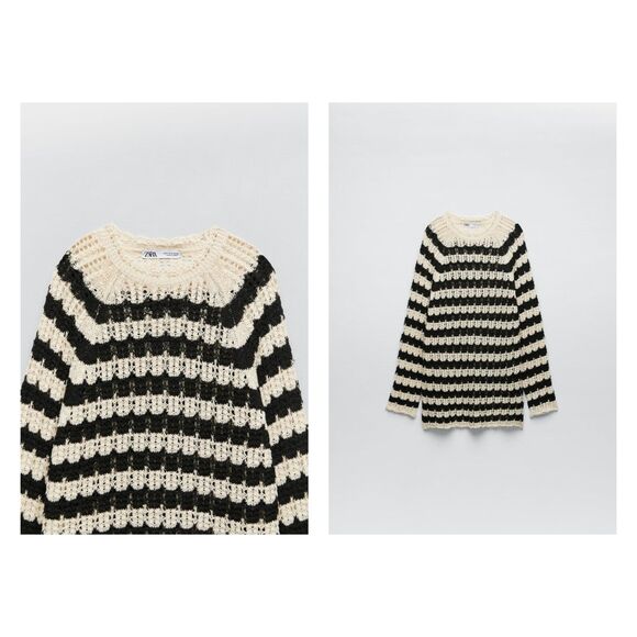 Black Cream Striped Pointelle Open Knit Long Sleeve Pullover Tunic Sweater (NWT) - Picture 6 of 7